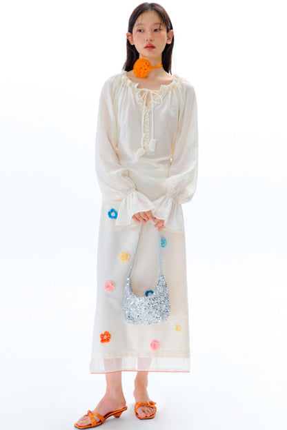 Hand Crochet Flower Organza Panel Skirt