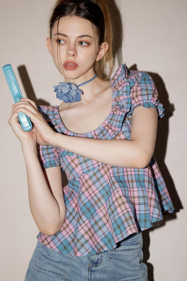 Vintage Plaid Puff Sleeve Babydoll Blouse