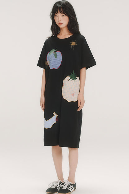 Fruit Check Applique T-Shirt Dress