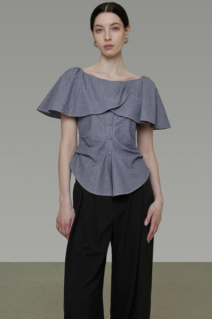 Chic One-Shoulder Lace Stripe Blouse