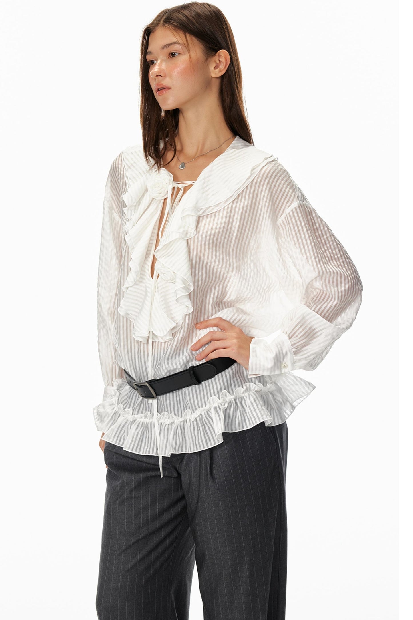 Ruffled V-Neck Striped Top