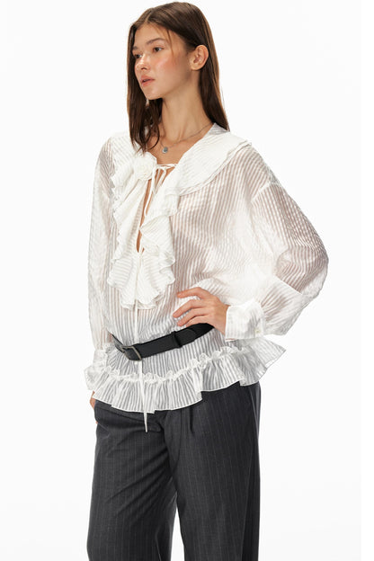 Ruffled V-Neck Striped Top