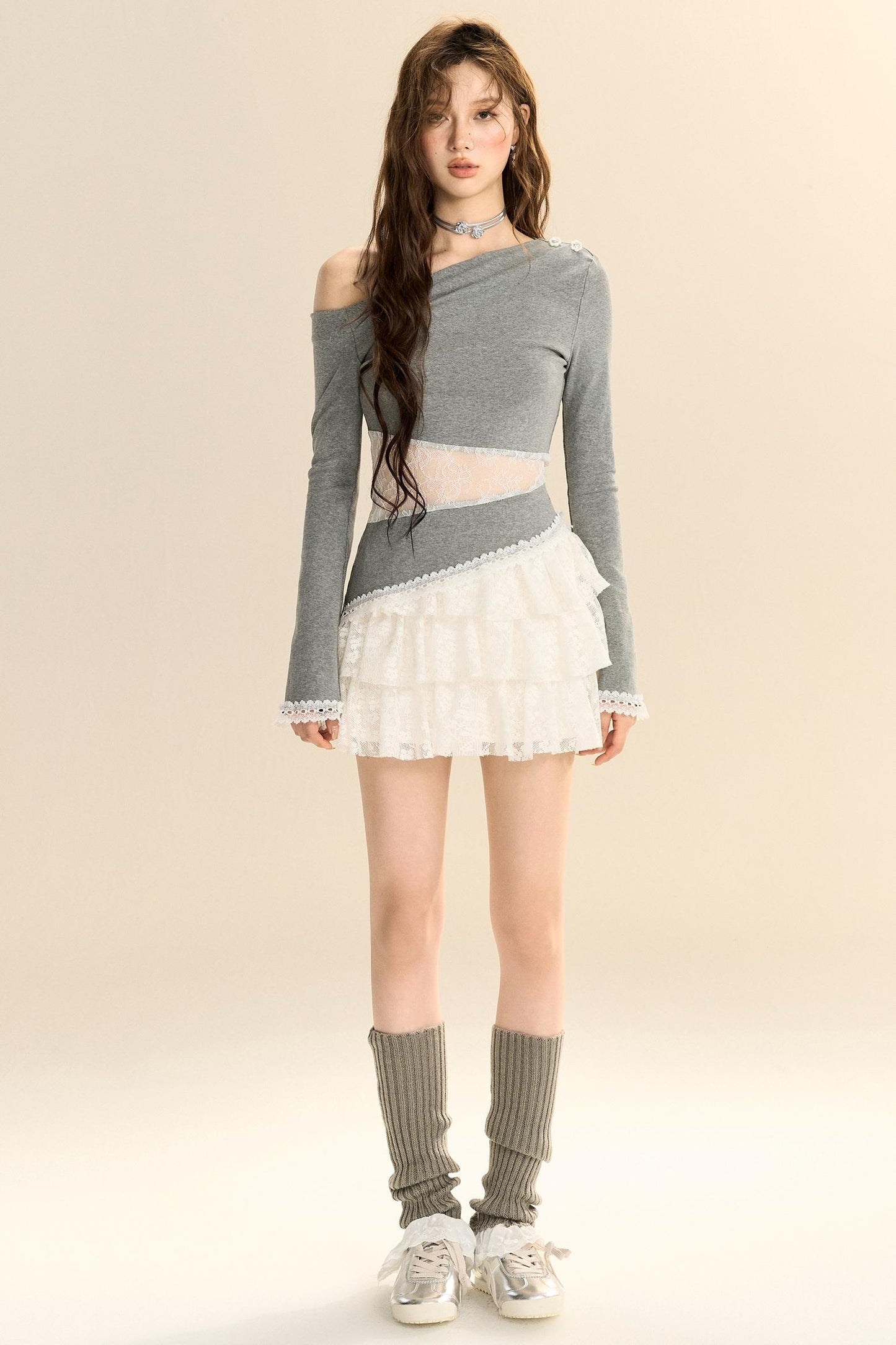 Lace-Trimmed Pleated Knit Top