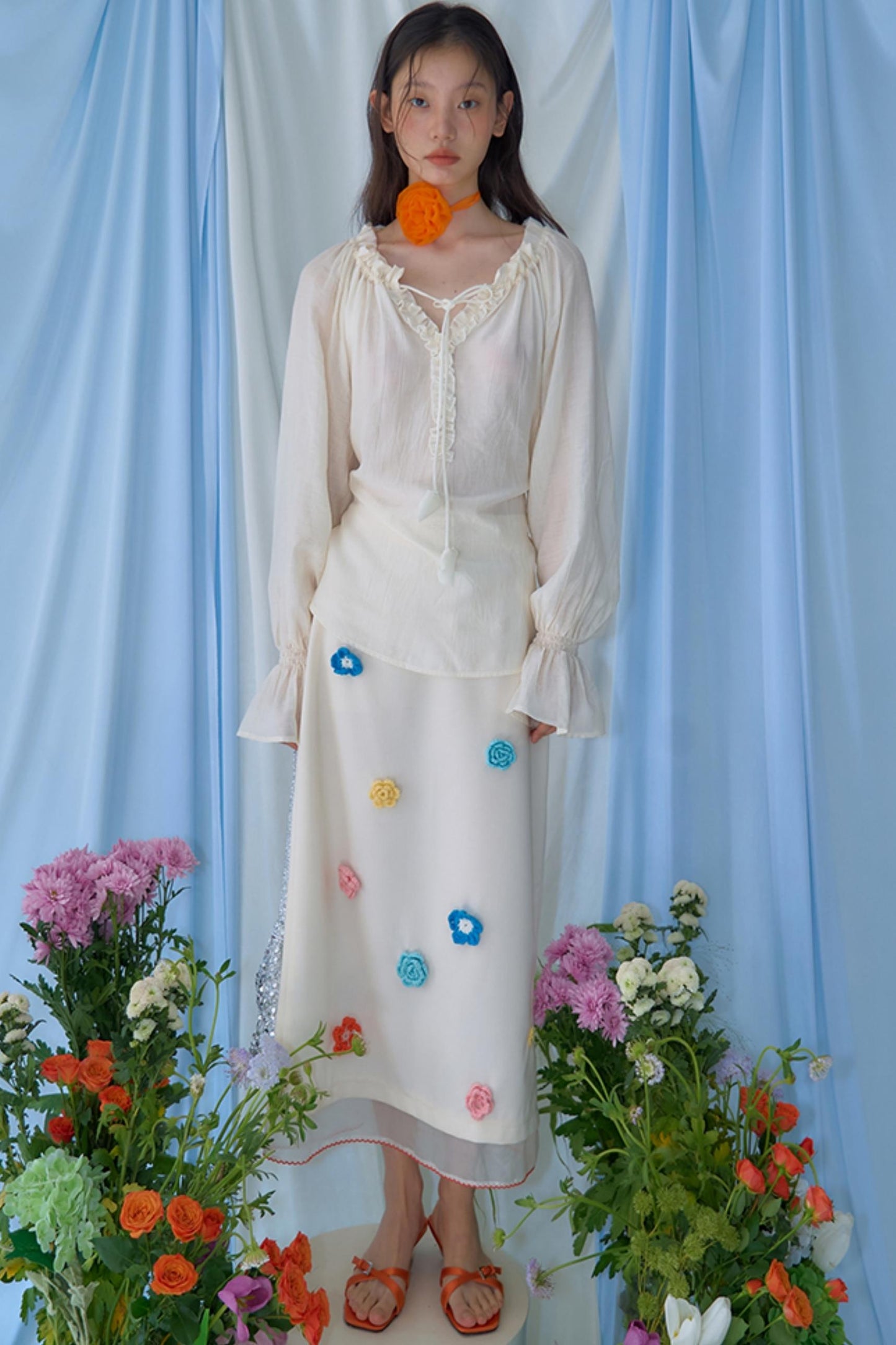 Hand Crochet Flower Organza Panel Skirt