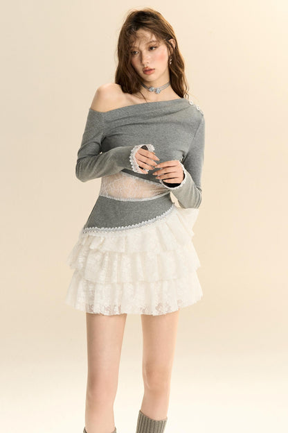 Lace-Trimmed Pleated Knit Top