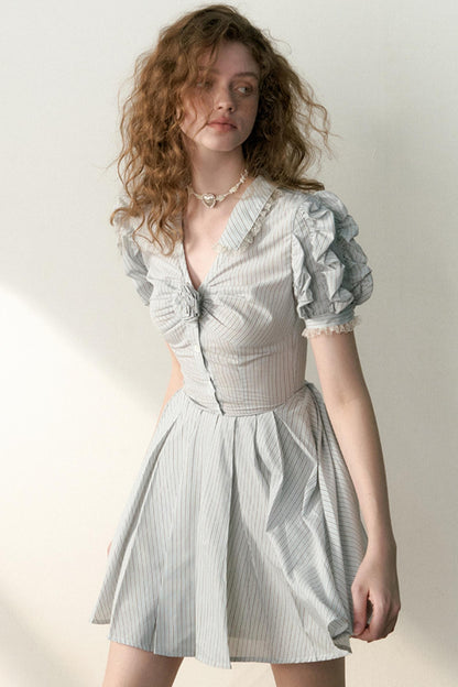 Blue Striped Bubble Sleeve Floral Pleated Dress