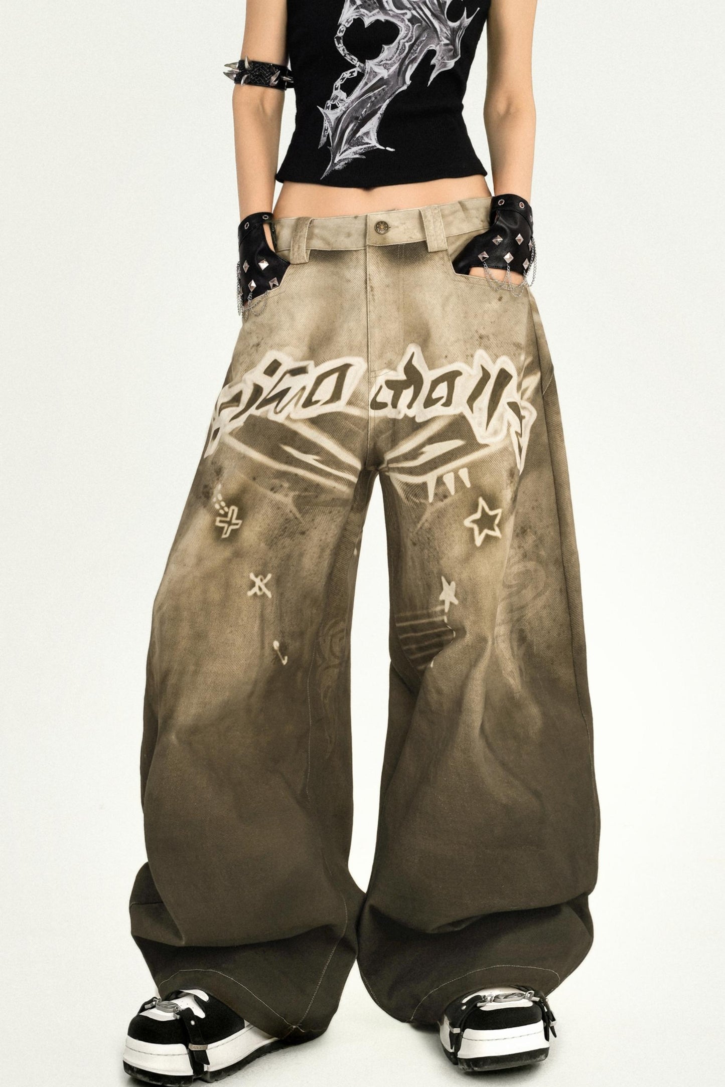 Vintage Street Print Wide-Leg Jeans