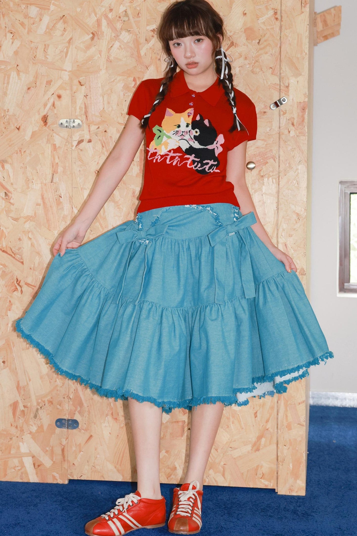 Blue Bow Tassel Denim Skirt