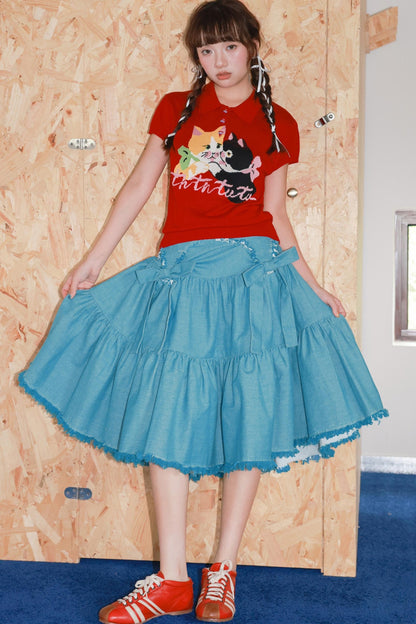 Blue Bow Tassel Denim Skirt