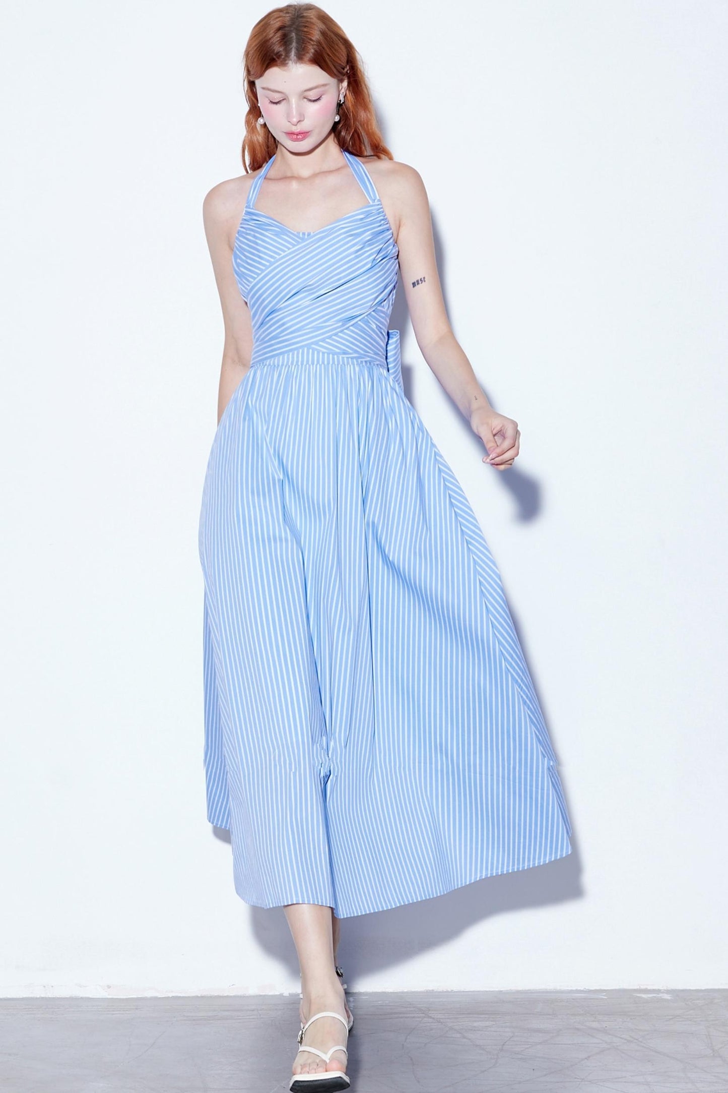 French Cotton Striped Tie Neck Dress