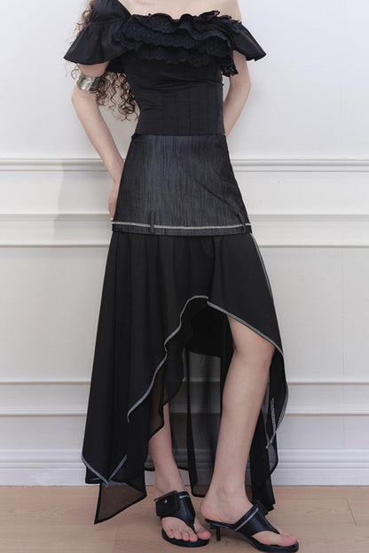 Yuan Irregular Denim A-Line Skirt