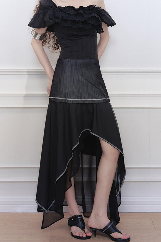 Yuan Irregular Denim A-Line Skirt