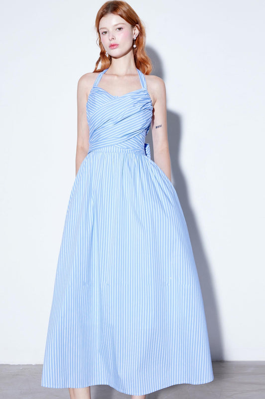 French Cotton Striped Tie Neck Dress