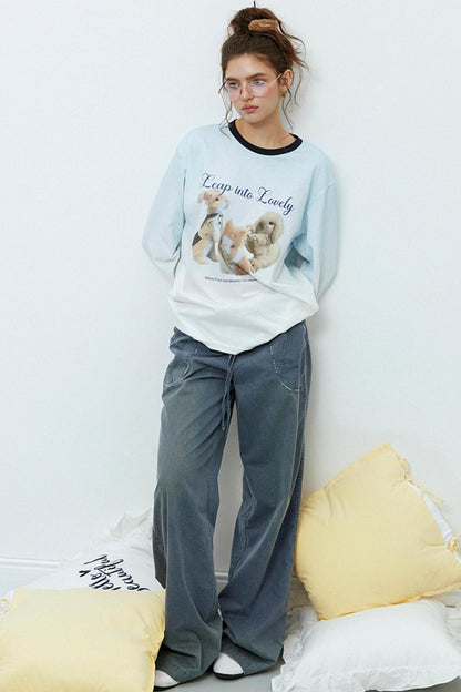 Rabbit Print Gradient Long Sleeve T-Shirt
