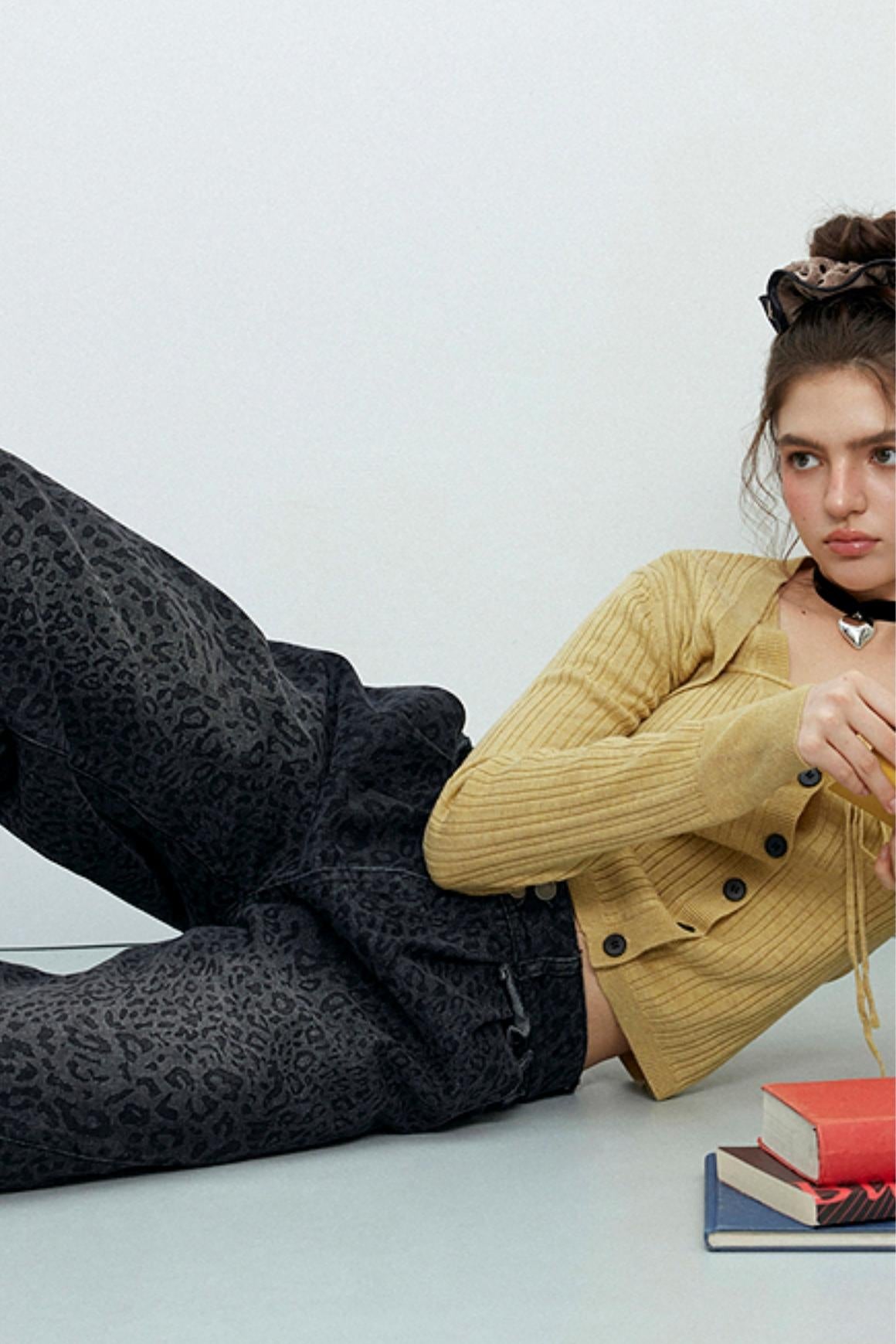 Gray Leopard Wide-Leg Jeans