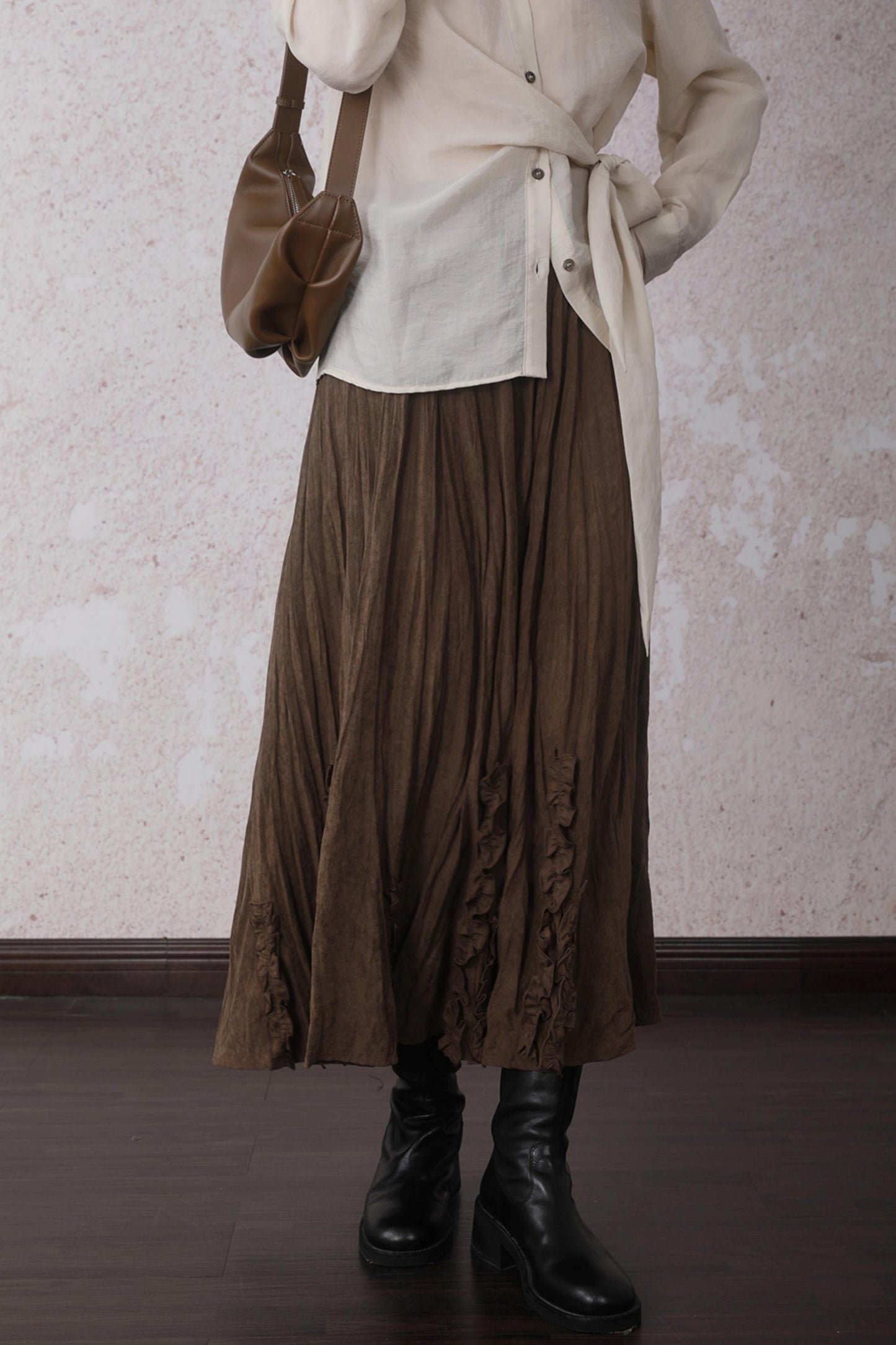 Autumn Brick Brown Fleece A-Line Skirt