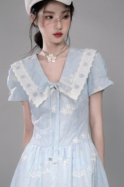 Leisurely Blue Lace Short Sleeve Dress
