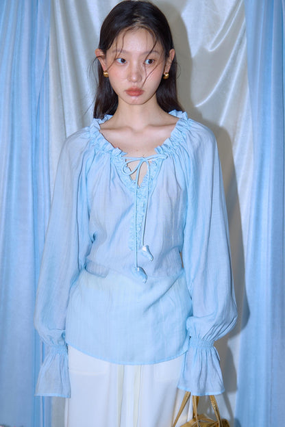 Blue Flower Fruit Ruffle V-Neck Shirt