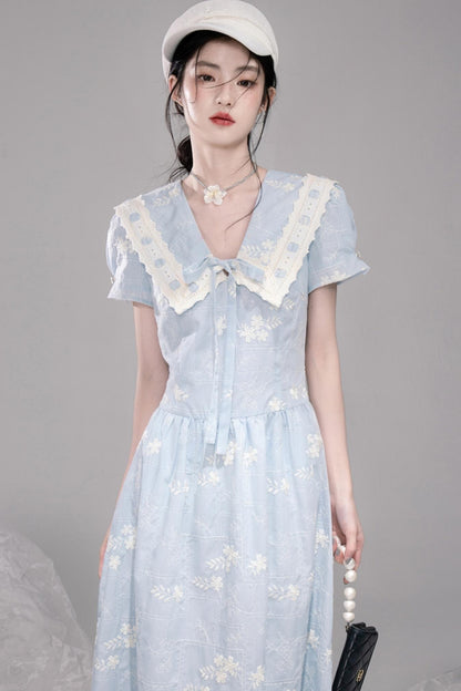 Leisurely Blue Lace Short Sleeve Dress