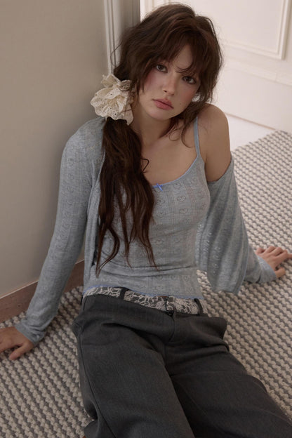 Slim Camisole Knitted Cardigan Two-Piece Set-Up