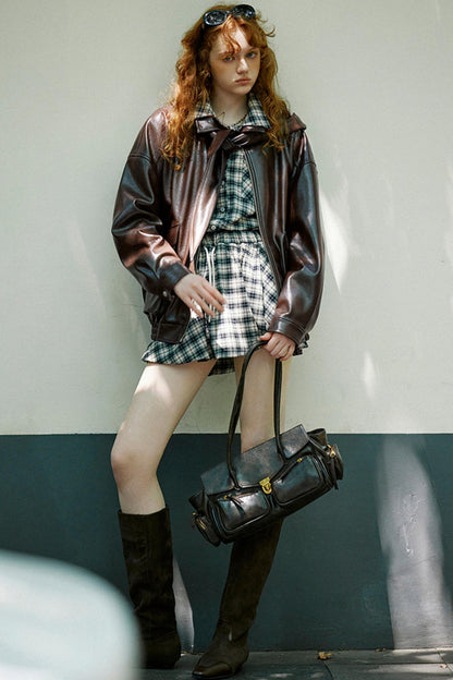 Check Embroidered Sleeve Shirt Dress