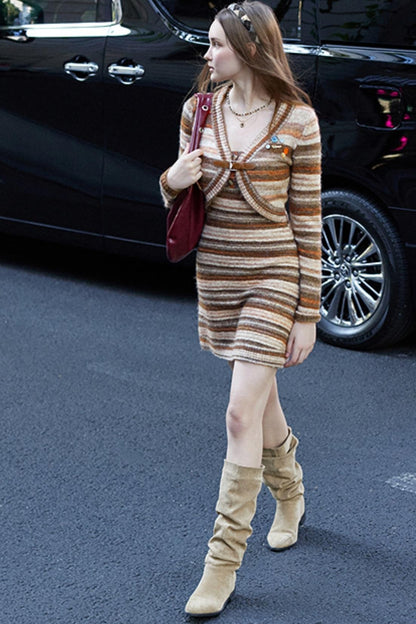 Gradient V-Neck Cardigan Dress Set-Up