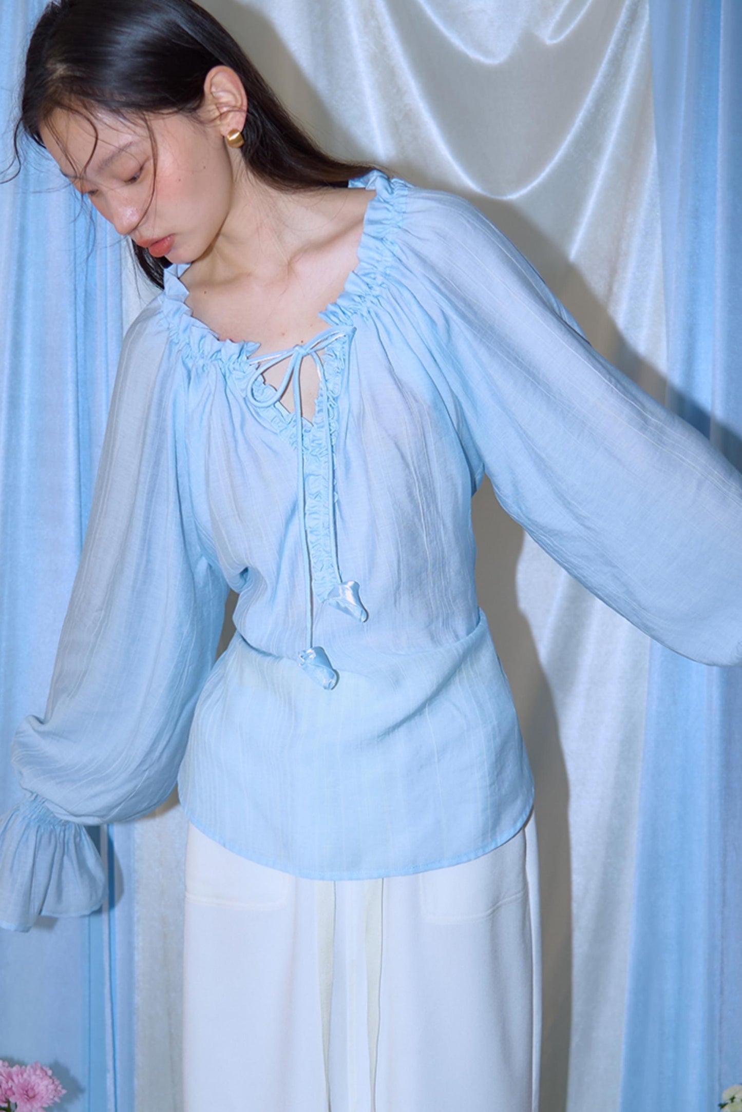 Blue Flower Fruit Ruffle V-Neck Shirt