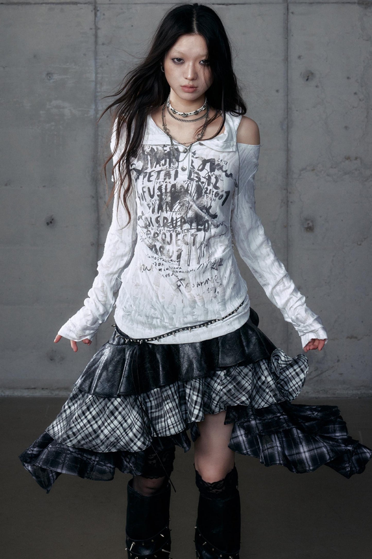 Dark Retro Plaid Leather Skirt