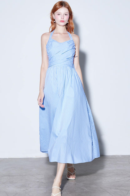 French Cotton Striped Tie Neck Dress