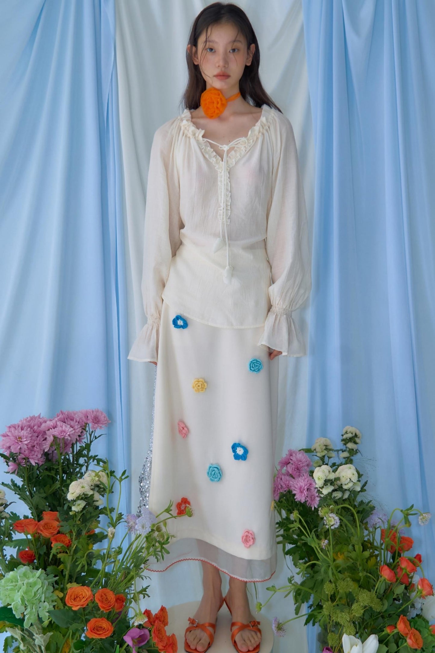 Hand Crochet Flower Organza Panel Skirt