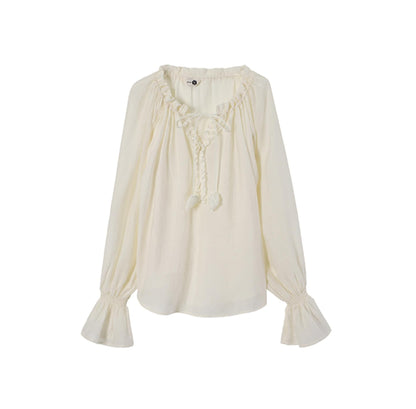 Blue Flower Fruit Ruffle V-Neck Shirt