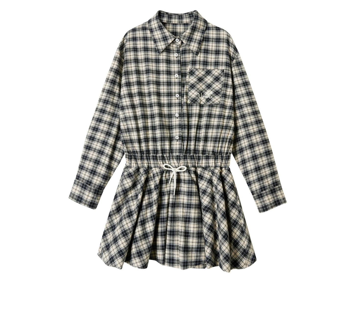 Check Embroidered Sleeve Shirt Dress