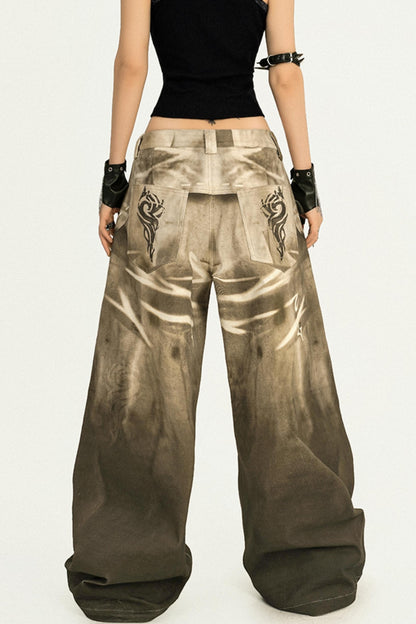 Vintage Street Print Wide-Leg Jeans