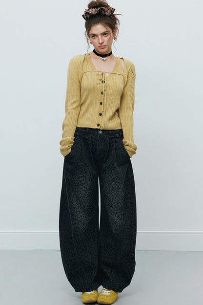 Gray Leopard Wide-Leg Jeans