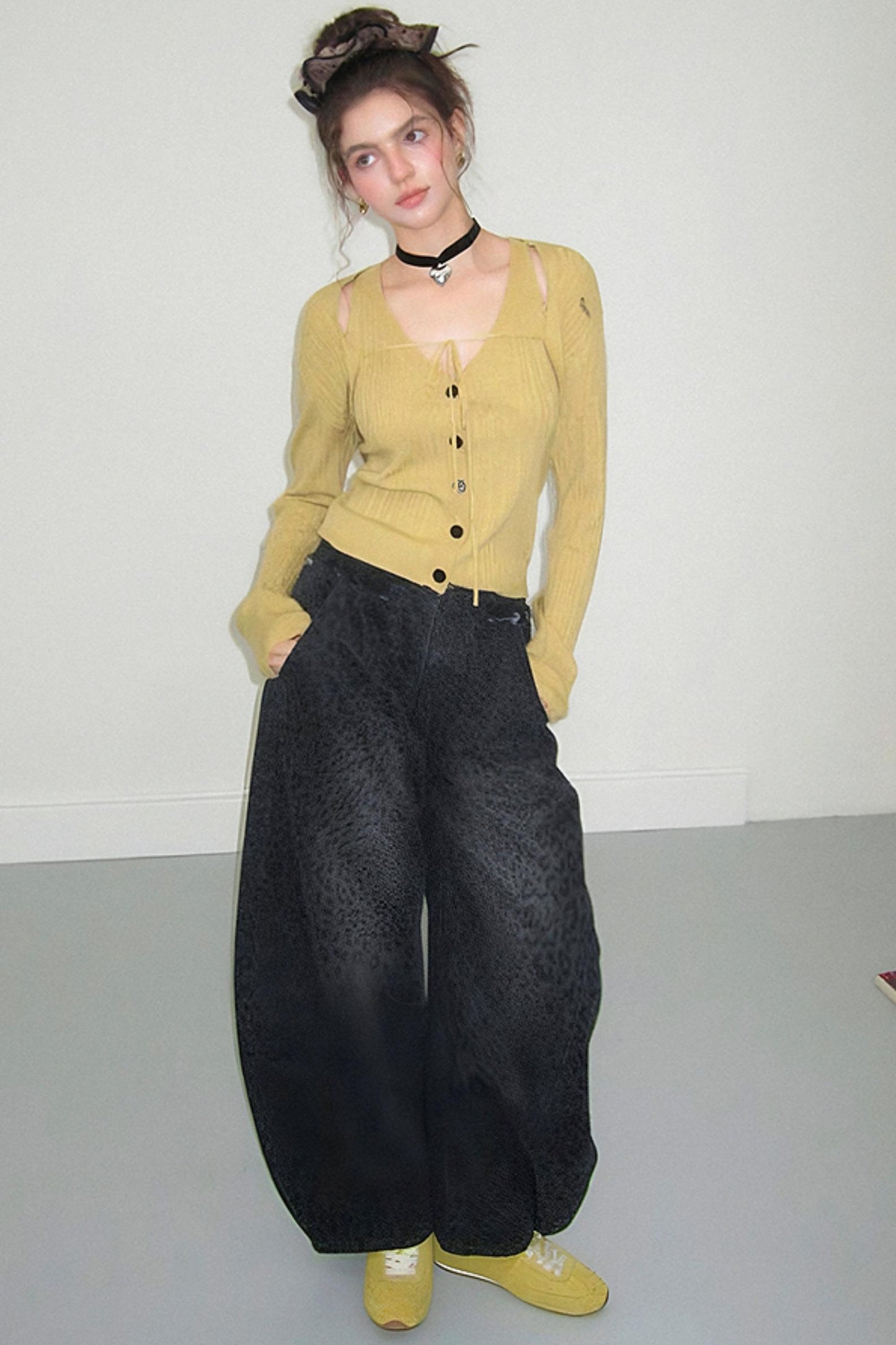 Gray Leopard Wide-Leg Jeans