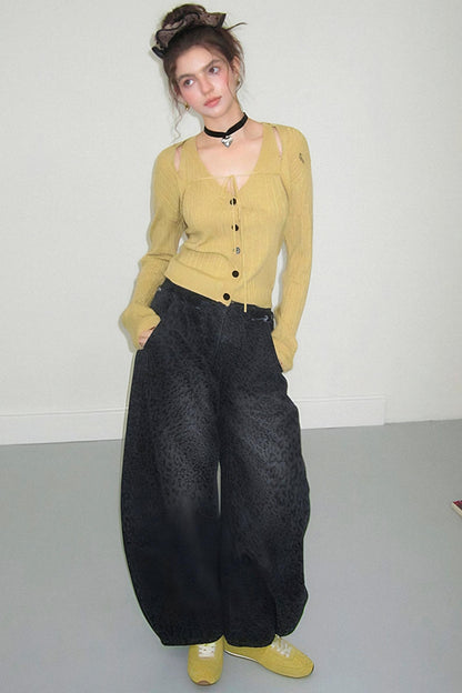 Gray Leopard Wide-Leg Jeans