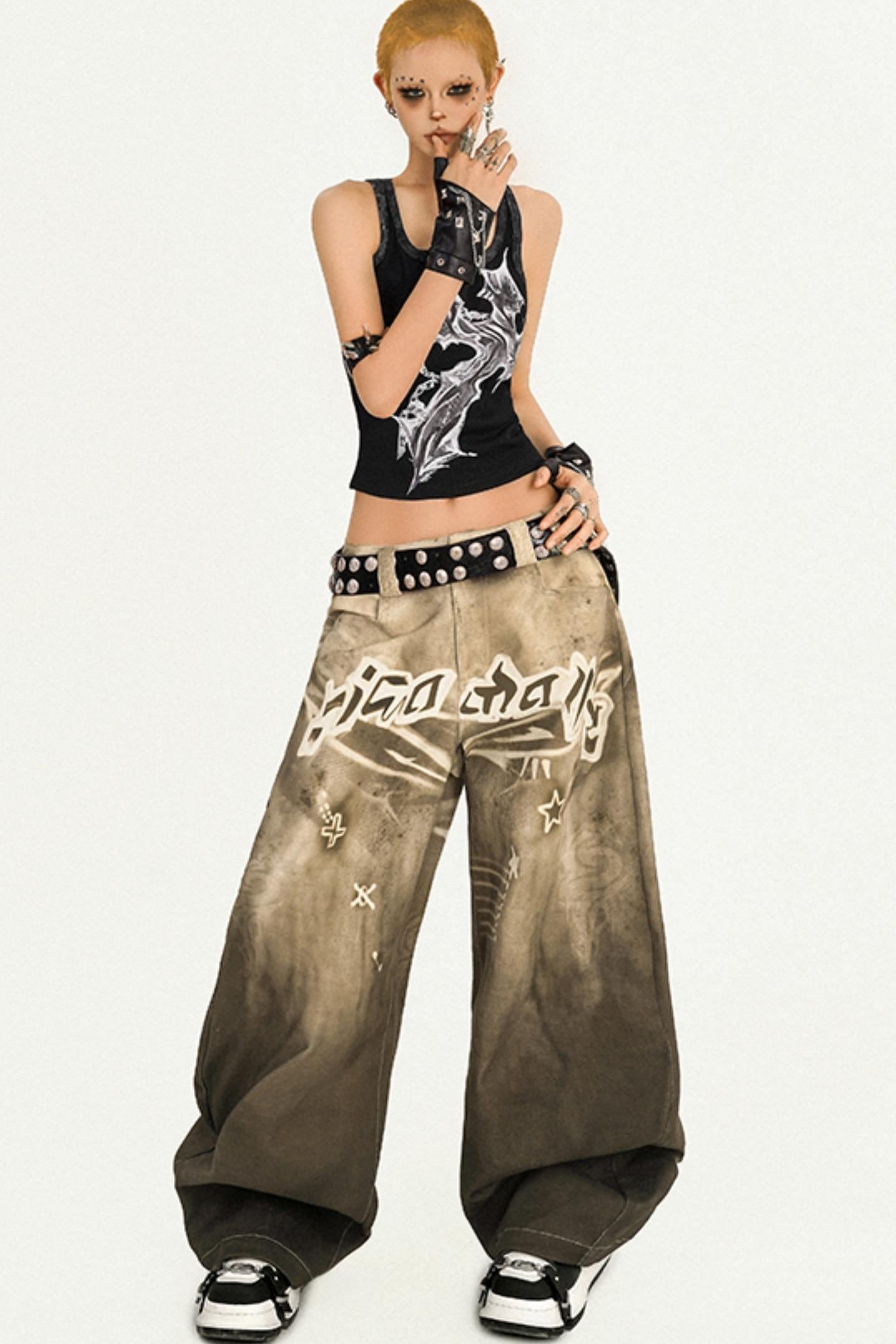 Vintage Street Print Wide-Leg Jeans