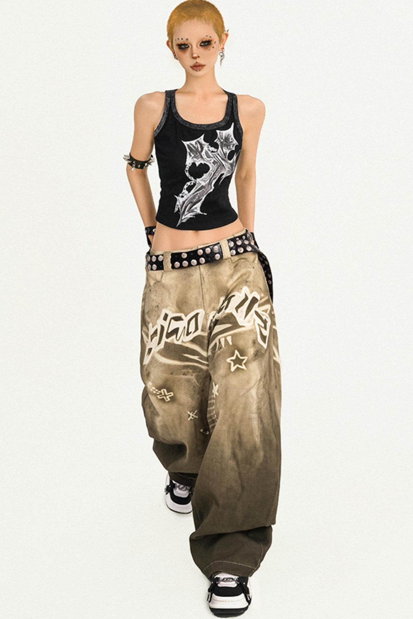 Vintage Street Print Wide-Leg Jeans