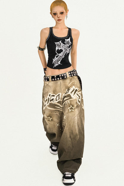 Vintage Street Print Wide-Leg Jeans