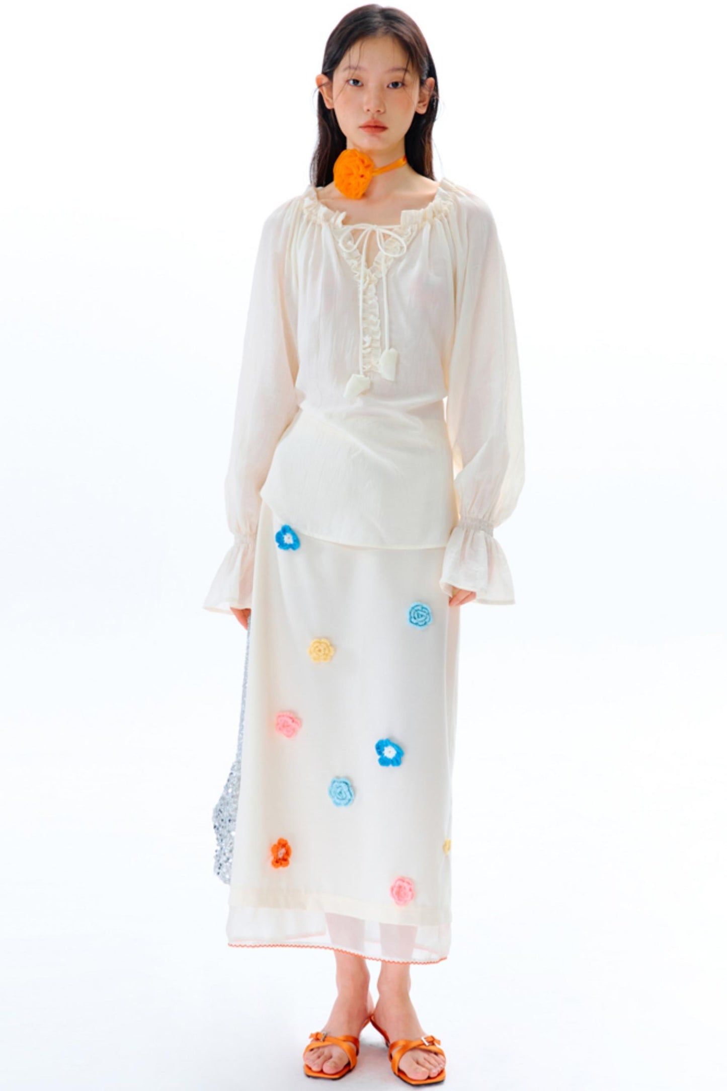 Hand Crochet Flower Organza Panel Skirt
