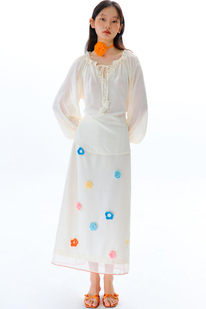 Hand Crochet Flower Organza Panel Skirt