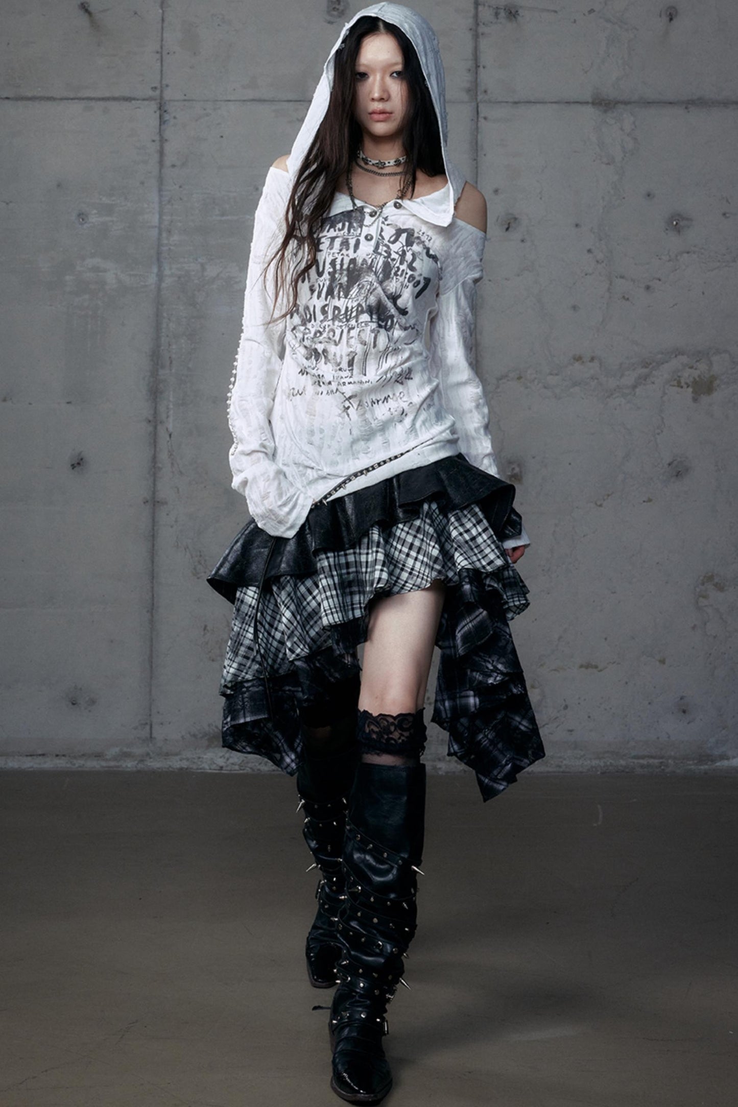 Dark Retro Plaid Leather Skirt