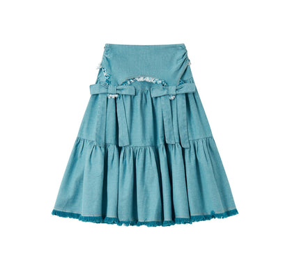 Blue Bow Tassel Denim Skirt