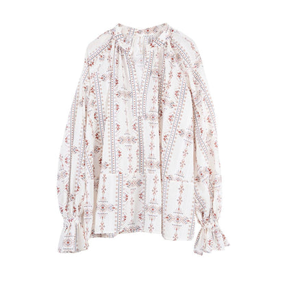 Romantic Ethnic Printed V-Neck Pullover Shirt