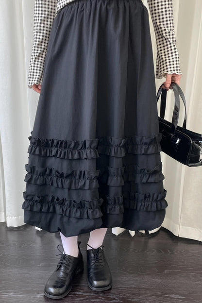 Autumn Lace Shirring Midi Skirt