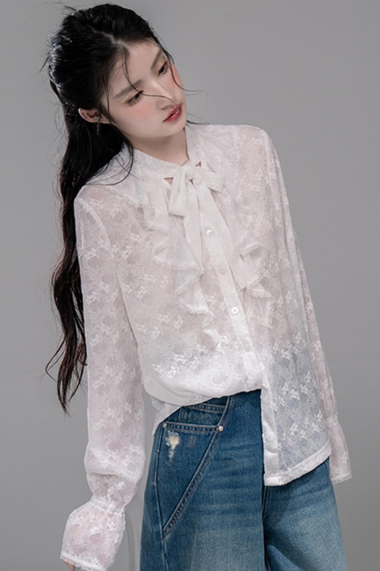 White Cloud Gauze Ruffled Shirt Set-Up