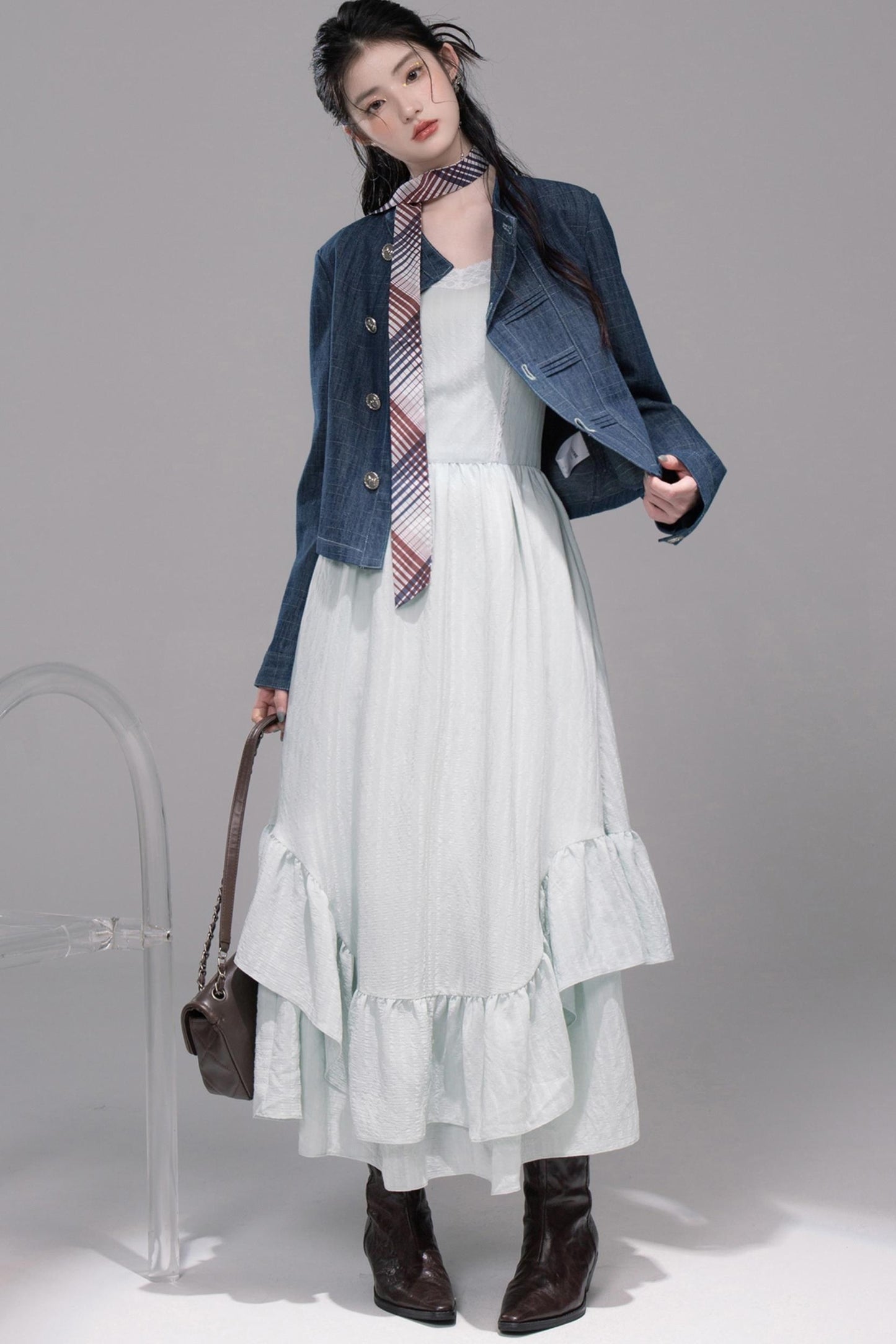 Misty Moon Blue Plaid Denim Jacket