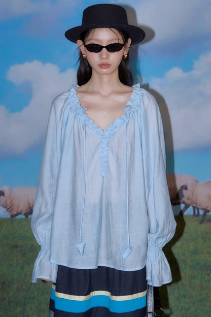 Blue Flower Fruit Ruffle V-Neck Shirt