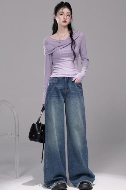 Diagonal Silhouette Long Sleeve Knit Top