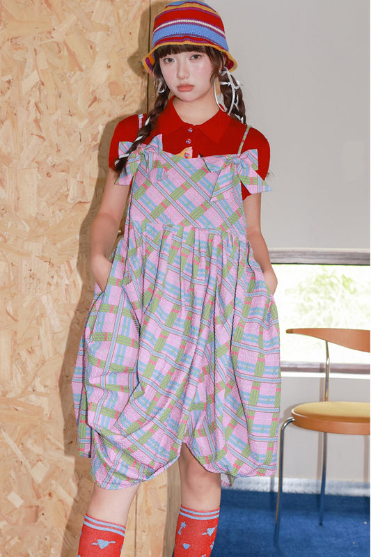 Vintage Plaid Suspender Bow Dress
